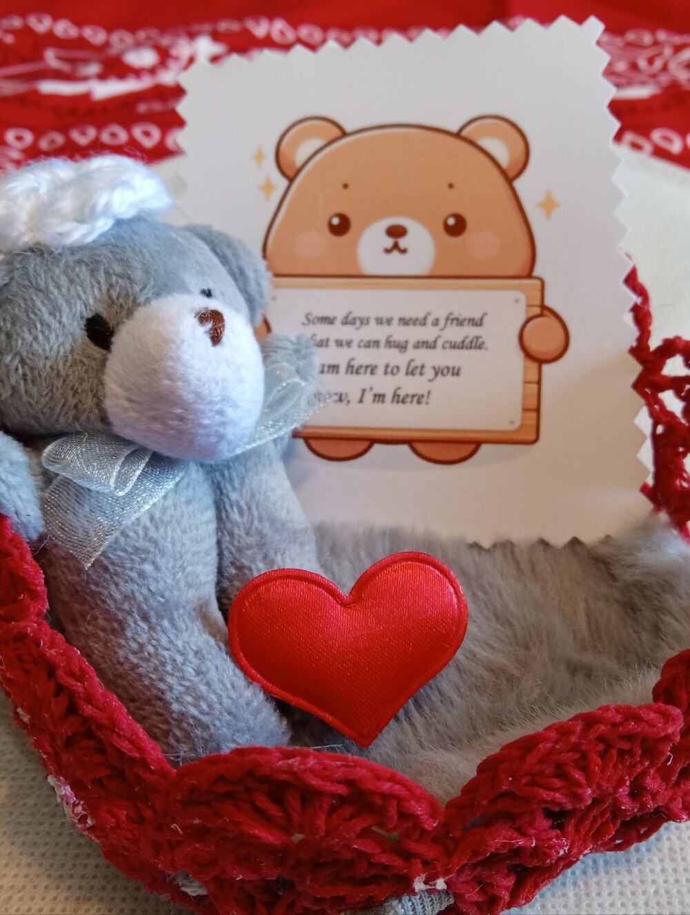 Emotional Support Plush Grey Teddy with Red Heart In Crocheted Basket